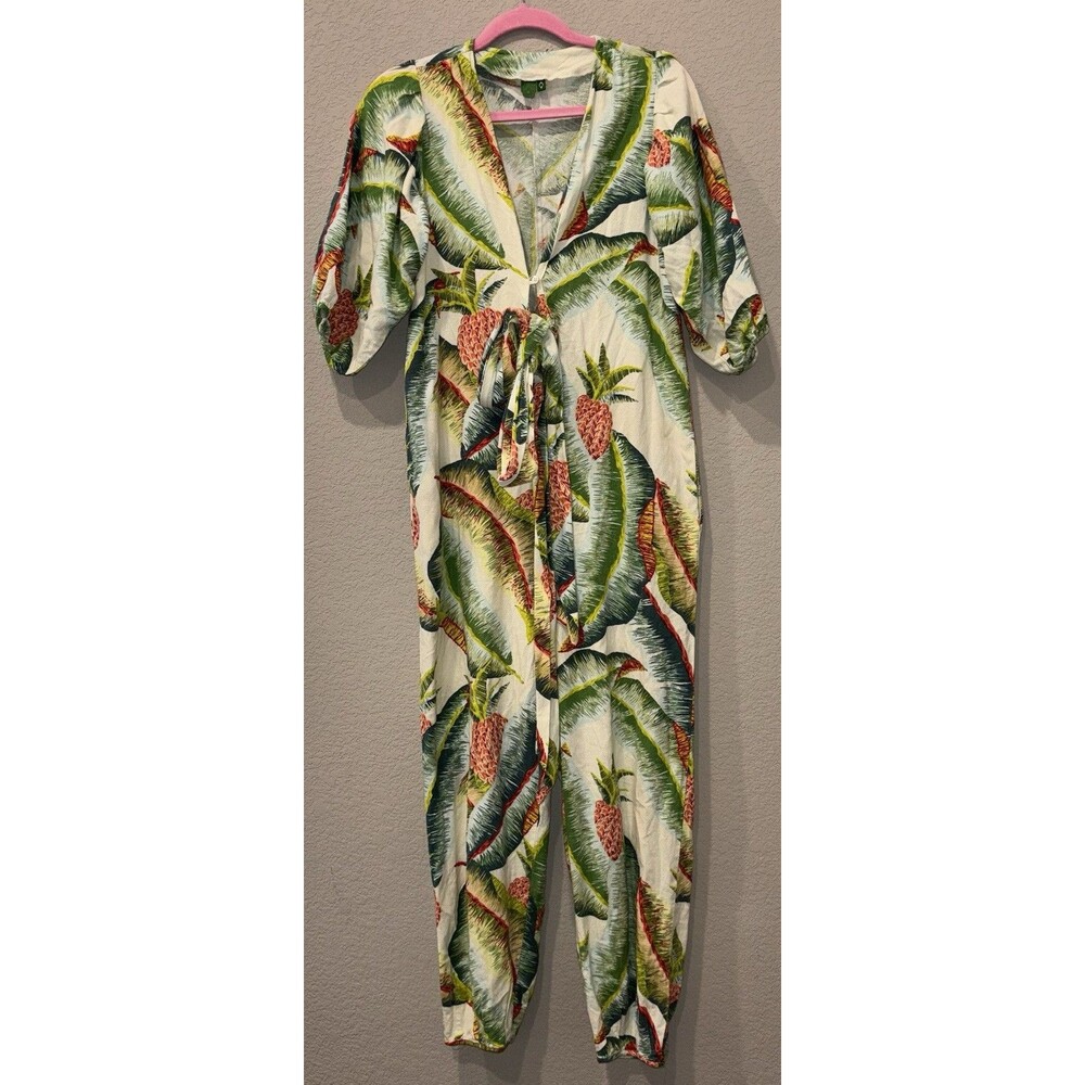 Farm Rio Jumpsuit Forest Palm Tropical Pineapple Print Linen Women’s S $250